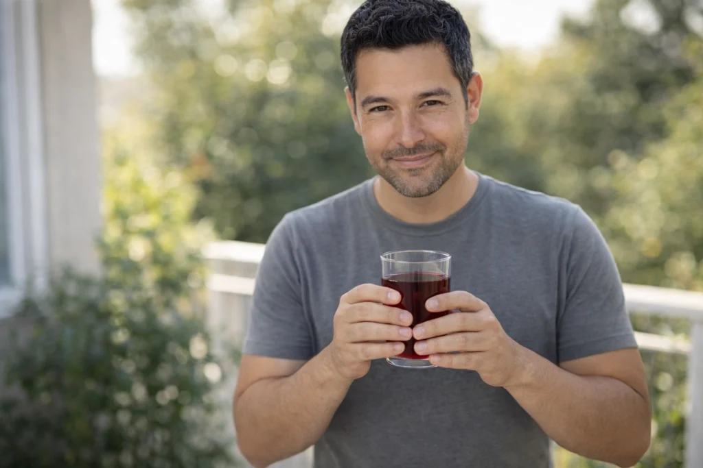 Man standing on sunny balcony holding a glass of ruby-red hibiscus tea with healthy glowing skin