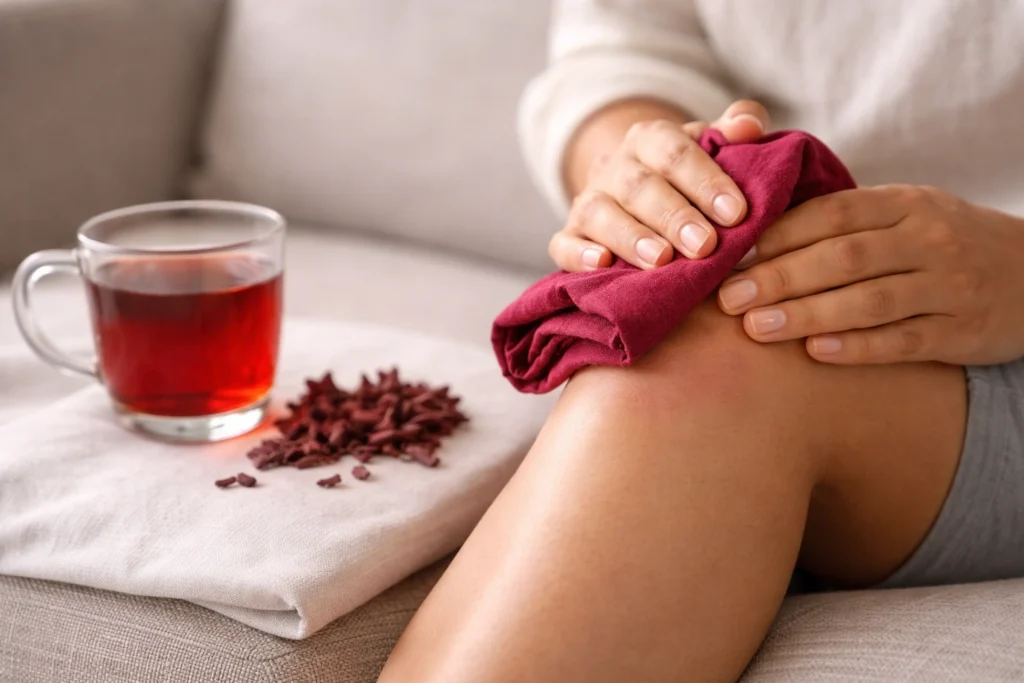 Hands applying a deep red hibiscus tea compress to a psoriasis-affected knee with hibiscus tea and dried calyxes nearby
