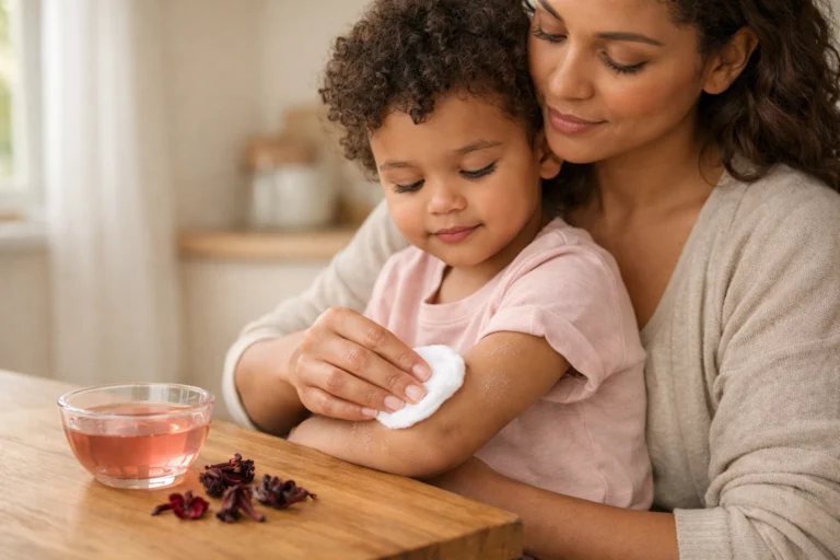 Parent applying a diluted hibiscus tea compress to a child's arm for eczema relief in a bright kitchen
