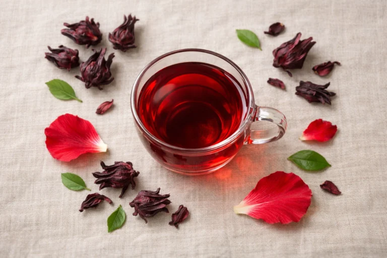 Hibiscus tea in a glass cup surrounded by dried hibiscus calyxes for psoriasis and eczema relief