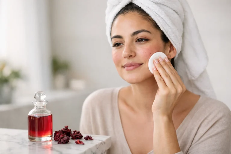Woman with sensitive skin applying cold hibiscus tea toner with a cotton pad for rosacea redness relief