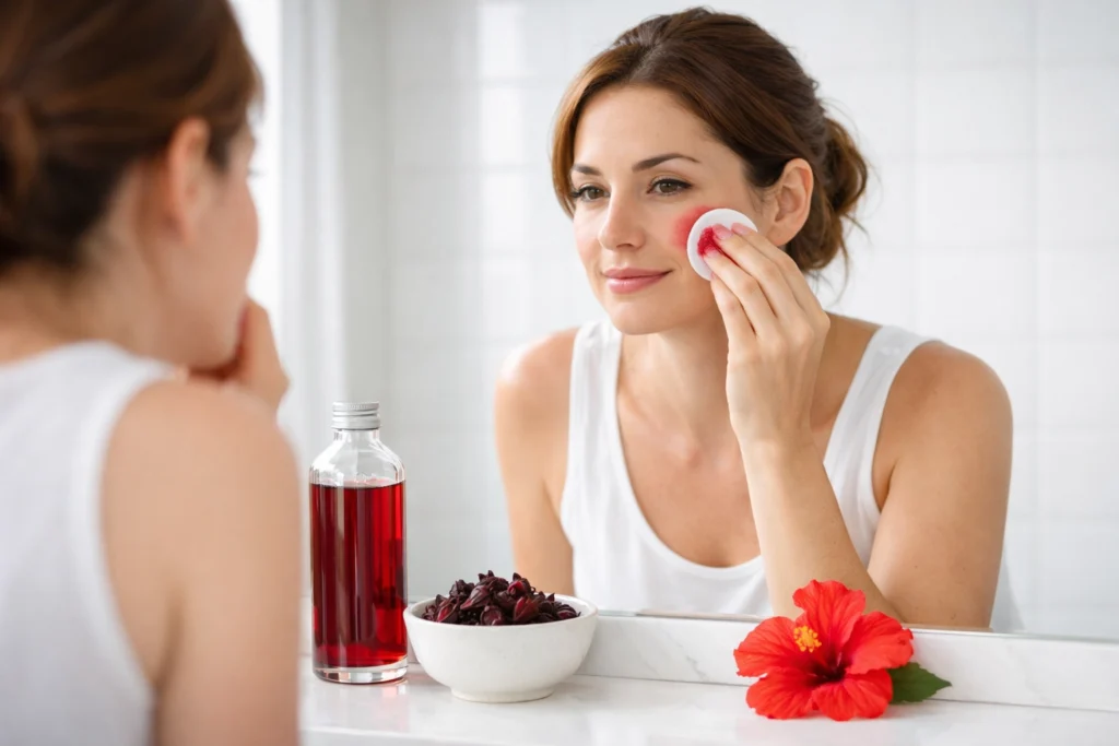 Woman applying deep red hibiscus tea toner to her face with a cotton pad at bathroom mirror