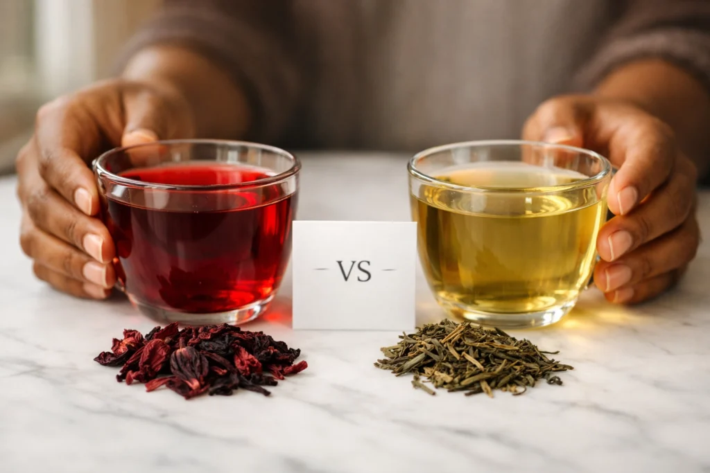 Side by side comparison of ruby-red hibiscus tea and golden-green tea for eczema relief