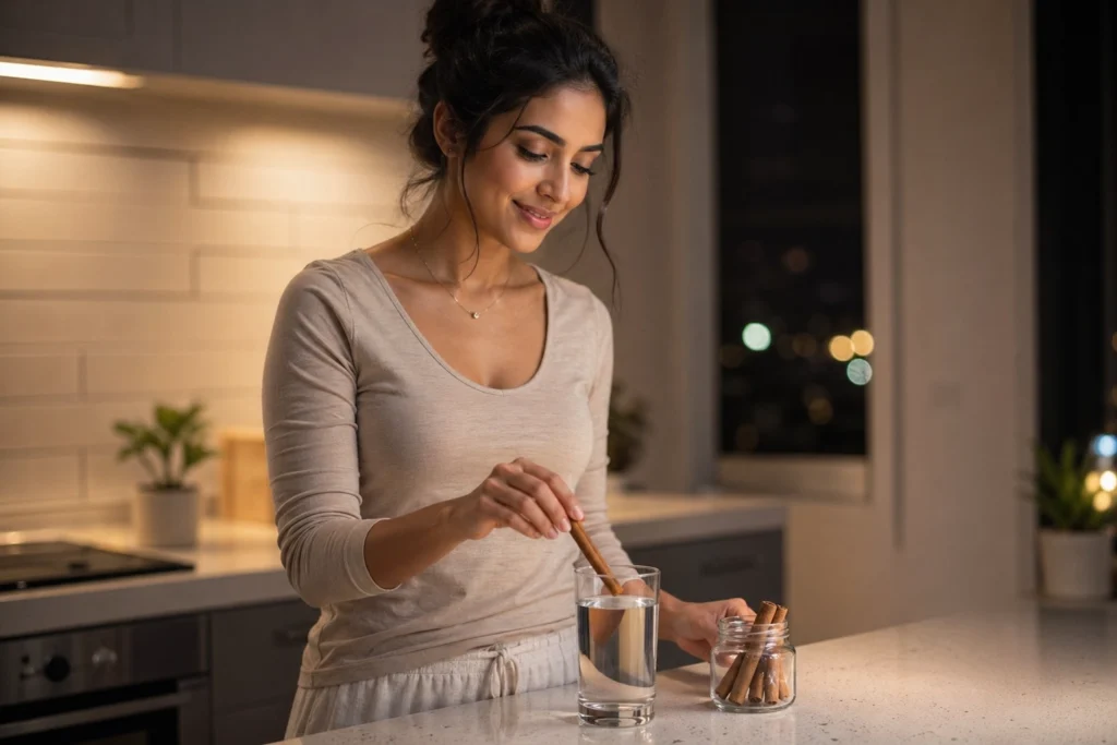 Woman preparing cinnamon water overnight soak in kitchen — how to make cinnamon water at home