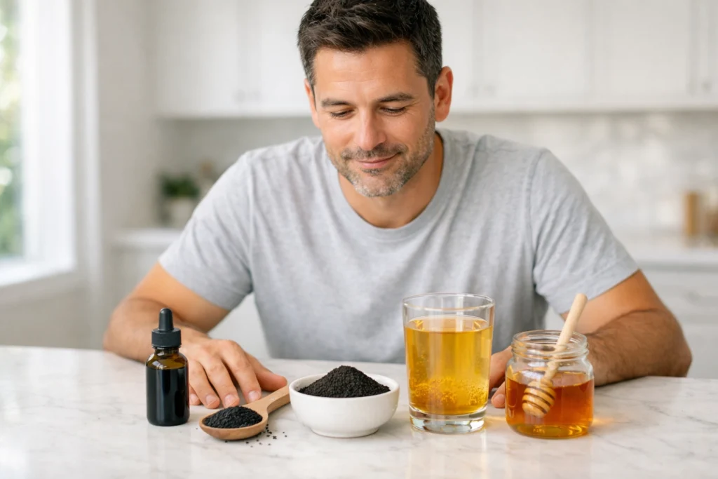 Man standing at kitchen counter beside black seed oil bottle wooden spoon of seeds ground powder honey jar and warm water showing 7 ways to take kalonji daily