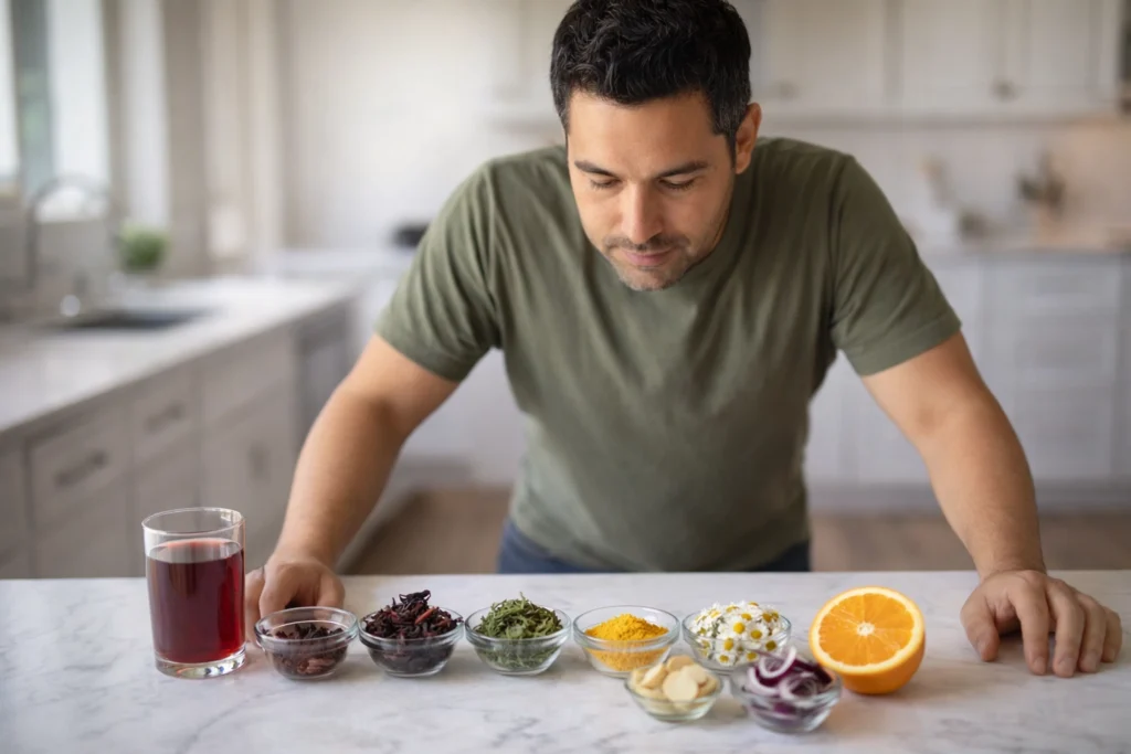 Man standing at kitchen counter with collection of natural antihistamine herbs for eczema including hibiscus nettle turmeric and chamomile