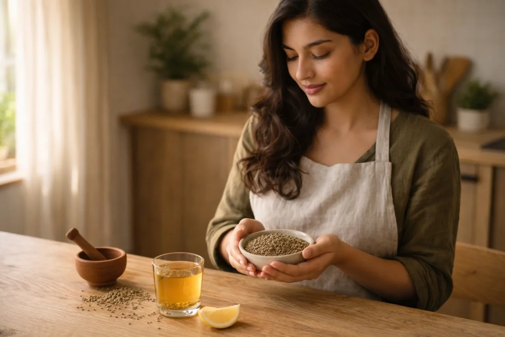 Woman holding a bowl of whole cumin seeds (jeera) at a kitchen counter