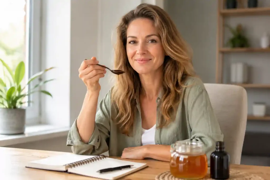 Woman taking black seed oil and honey mixture in the morning as a daily health supplement