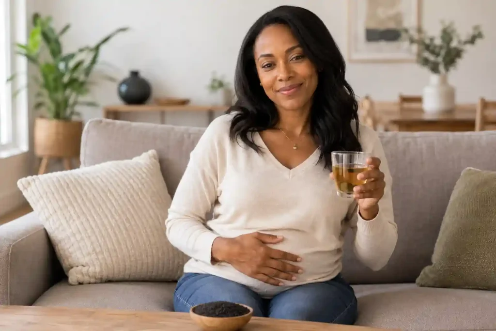 Black woman relieving bloating and gas naturally with black seed oil after a meal