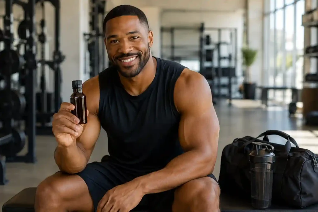 Muscular man holding black seed oil bottle for natural fertility and reproductive health support