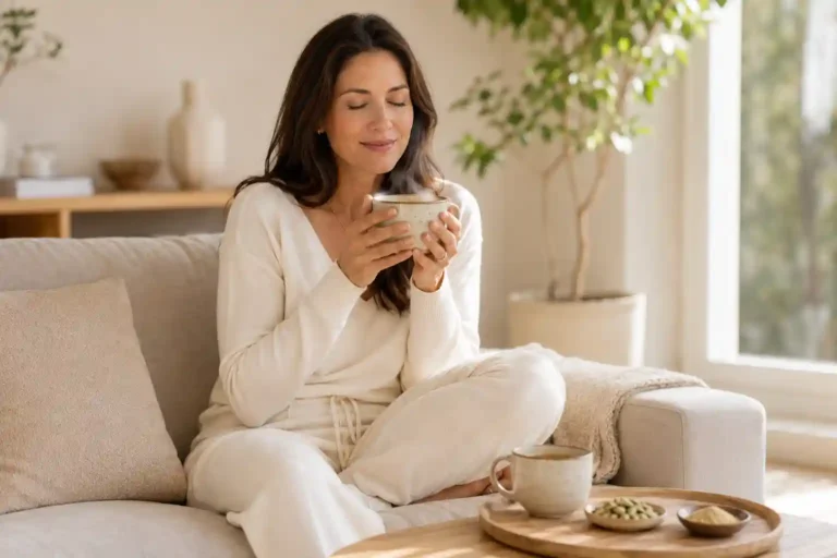 elegant white woman sitting in cosy lounge holding cardamom chai tea representing cardamom health benefits for daily wellness