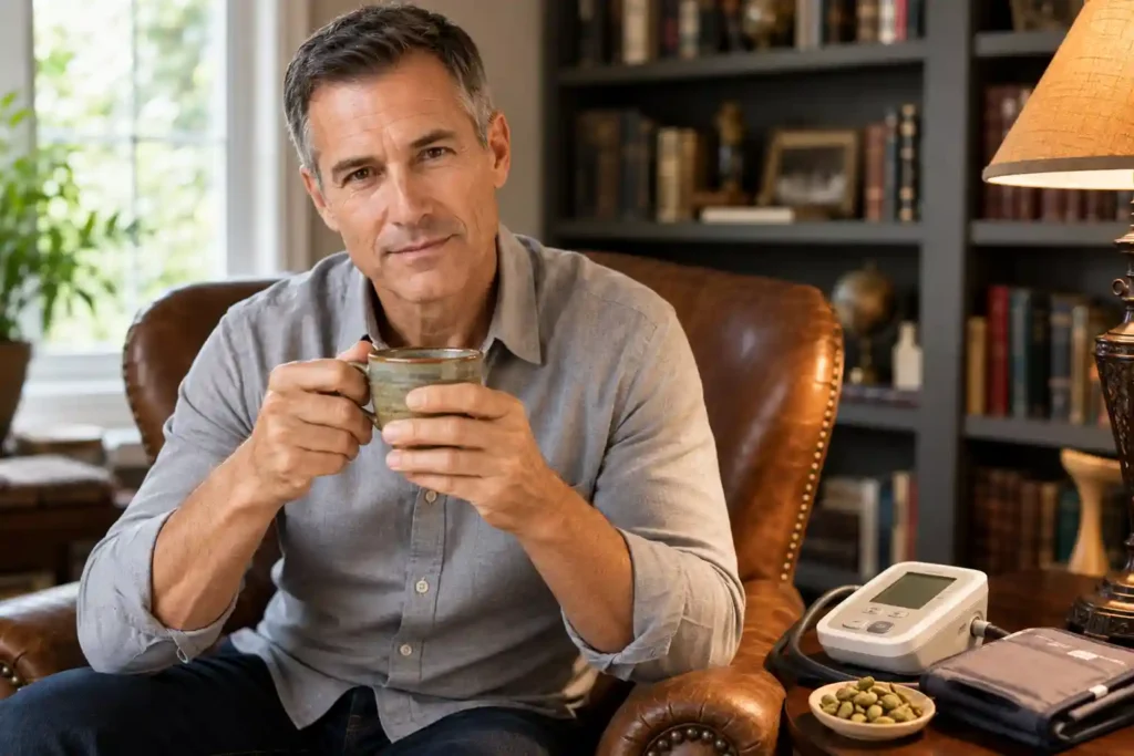 distinguished white man aged 50 in reading room holding cardamom tea with blood pressure monitor representing cardamom for high blood pressure naturally