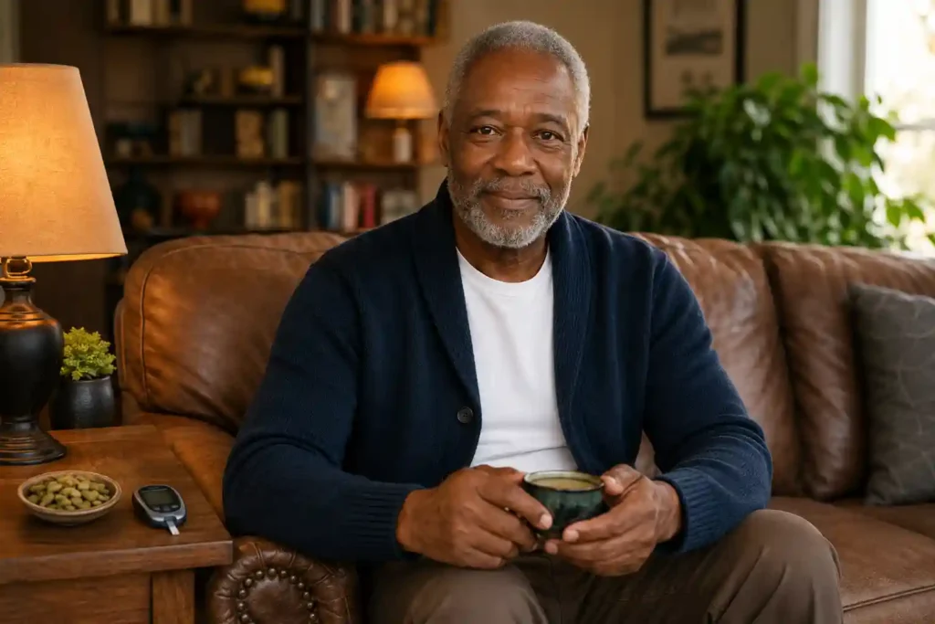 dignified older black man sitting on sofa holding cardamom tea with blood glucose monitor representing cardamom for blood sugar and diabetes management