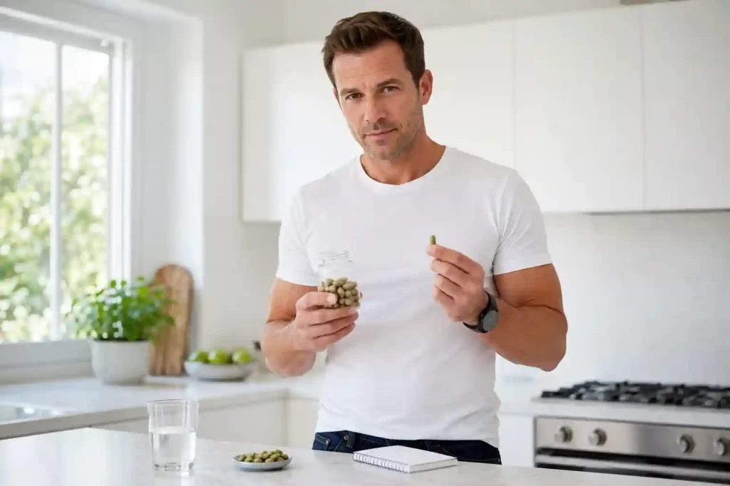 white man in kitchen holding cardamom supplement jar and green cardamom pod representing cardamom side effects and supplement safety