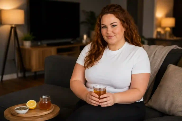 confident plus-size white woman in white t-shirt sitting on sofa in TV lounge holding glass of golden carom seed water representing carom seed water daily health benefits