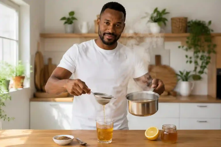 confident Black man straining golden carom seed water into glass in kitchen representing carom seed water for digestion and bloating relief
