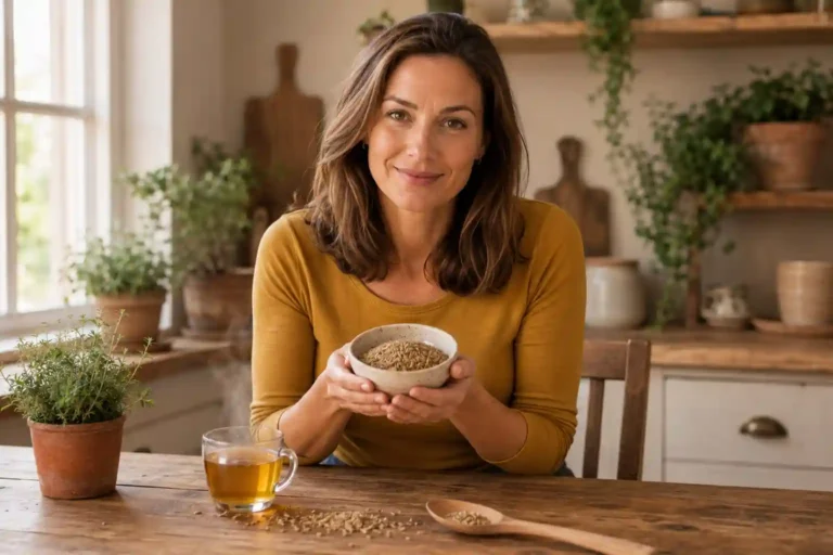 confident white woman holding ceramic bowl of golden carom seeds ajwain in kitchen representing carom seeds health benefits for digestion and wellness
