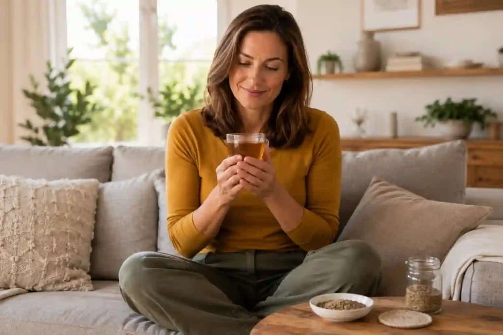 white woman sitting in cosy lounge holding glass of golden carom seed ajwain water representing daily health benefits of drinking ajwain water