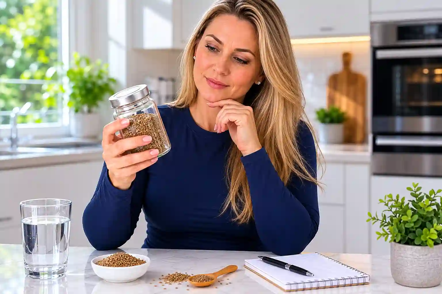 blonde white woman in navy top carefully reading carom seeds jar in kitchen representing carom seeds side effects and safety warnings