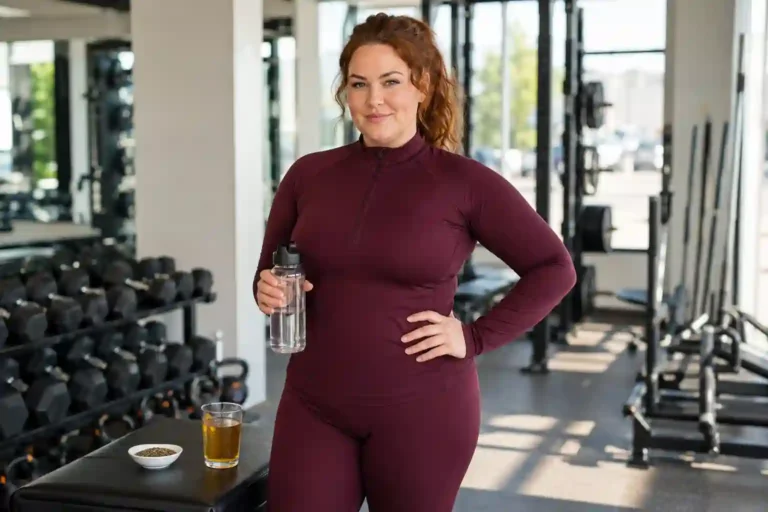 confident plus-size white woman in gym holding water bottle with carom seed water representing carom seeds for weight loss and metabolism support