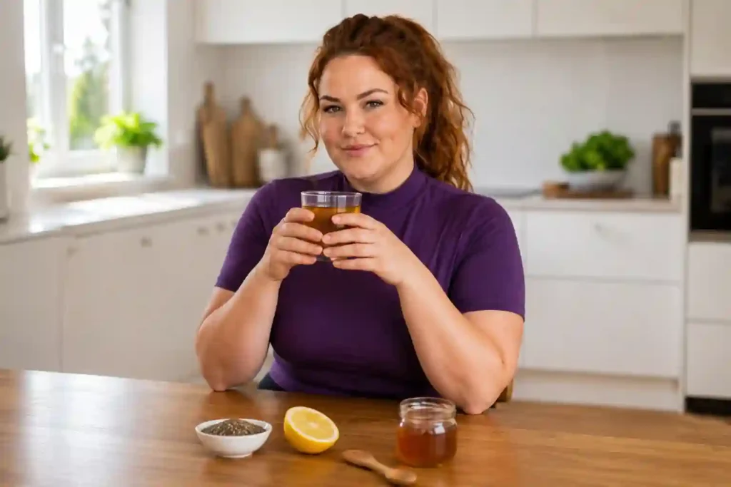 confident plus-size white woman in purple top sitting in kitchen holding glass of golden carom seed water representing carom seeds for weight loss daily habit