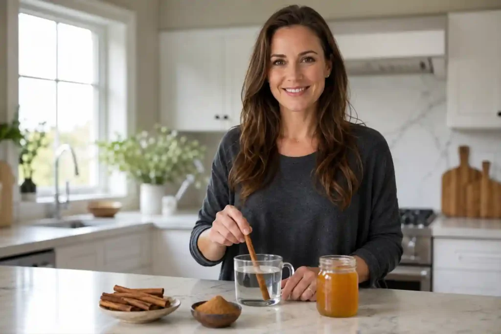 Woman preparing cinnamon and honey drink in kitchen for health benefits