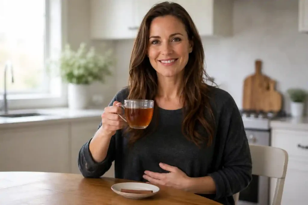 Woman drinking cinnamon tea after meal to relieve bloating and gas