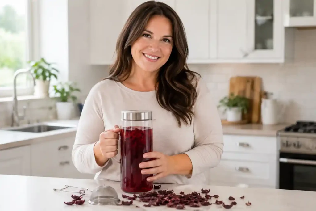 Woman holding cold brew hibiscus tea jar prepared overnight in the fridge
