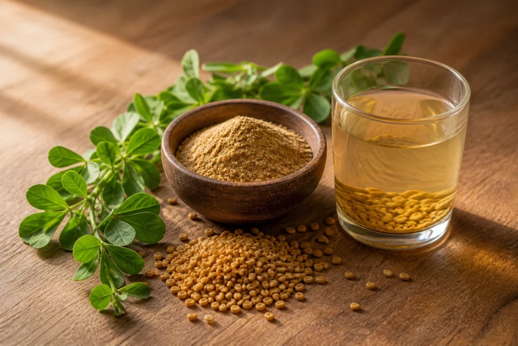 Fenugreek seeds, powder, fresh leaves and soaked fenugreek water on wooden surface — health benefits of fenugreek