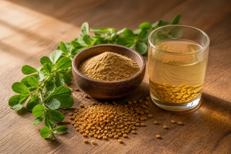 Fenugreek seeds, powder, fresh leaves and soaked fenugreek water on wooden surface — health benefits of fenugreek