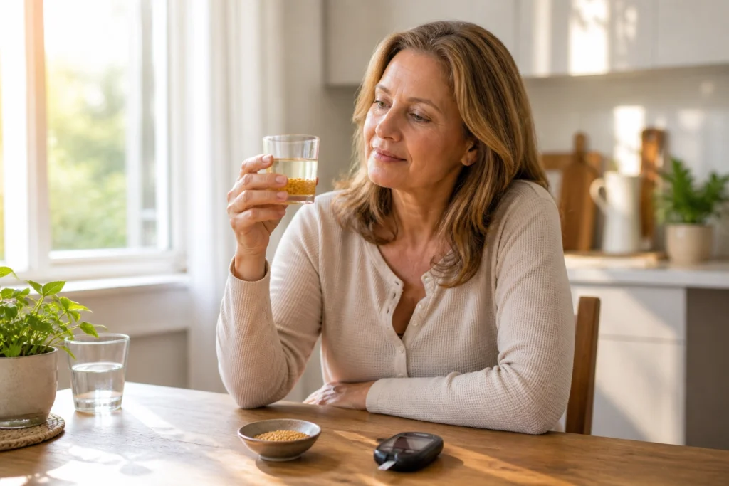 American woman holding soaked fenugreek water with glucometer on kitchen table — fenugreek for diabetes and blood sugar control
