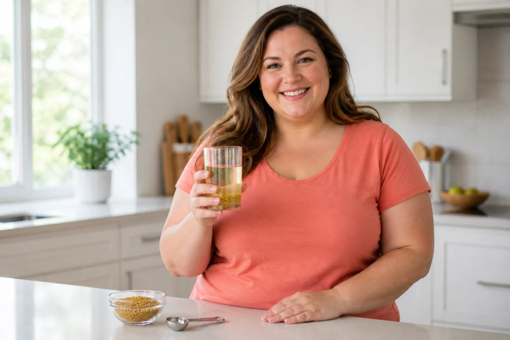 Plus-size American woman holding fenugreek soaked water in kitchen — fenugreek for weight loss and appetite control