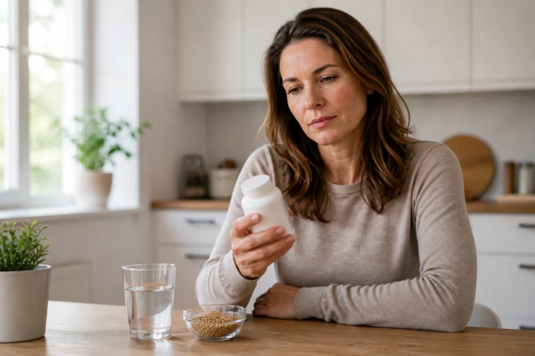 American woman carefully reading fenugreek supplement label at kitchen table — fenugreek side effects and safety
