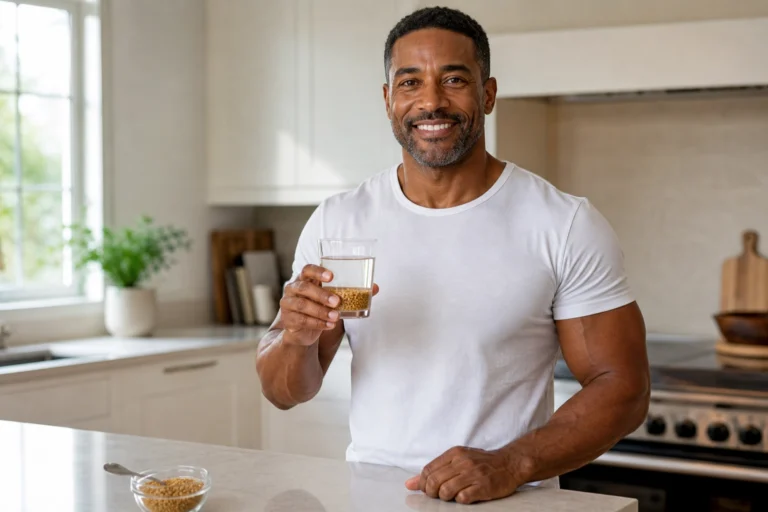Muscular African American man holding fenugreek soaked water in kitchen — fenugreek water benefits for blood sugar and digestion