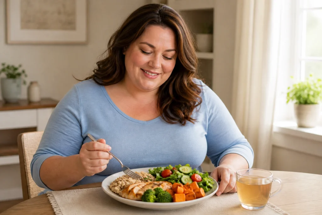 Plus-size American woman eating healthy meal with fenugreek tea — fenugreek for weight management and appetite control