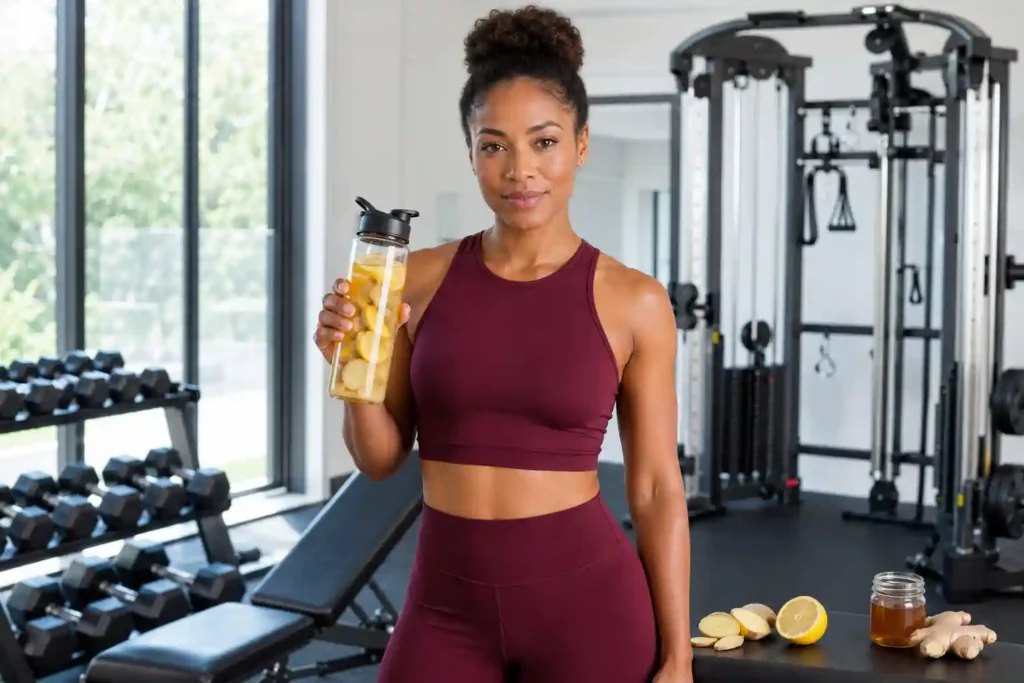 confident Black American woman in burgundy gym outfit holding golden ginger lemon water bottle in modern gym representing the science-backed health benefits of ginger as Medicinal Plant of 2026