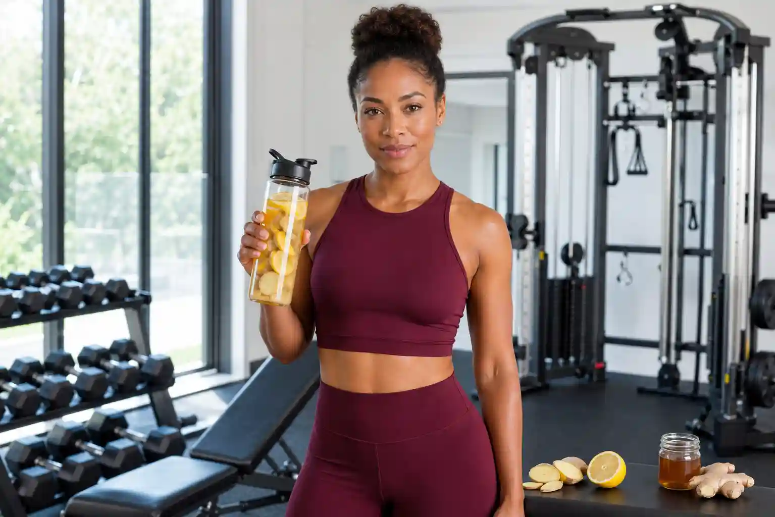 confident Black American woman in burgundy gym outfit holding golden ginger lemon water bottle in modern gym representing the science-backed health benefits of ginger as Medicinal Plant of 2026