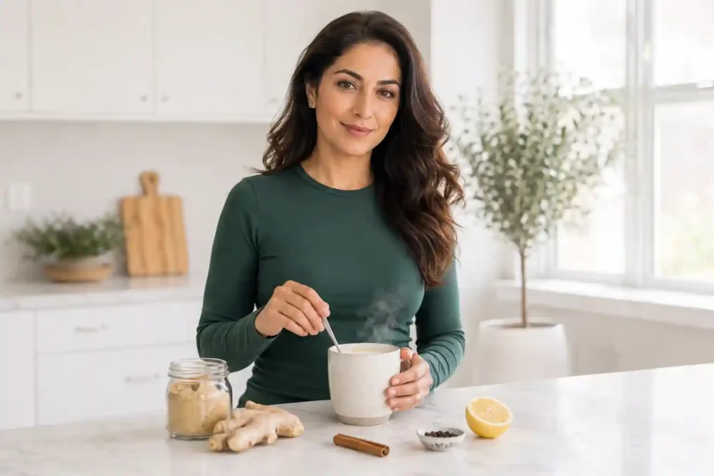 confident Middle Eastern woman in emerald green top at kitchen counter stirring ginger powder into warm milk with fresh ginger root and cinnamon representing ginger for blood sugar control and diabetes management