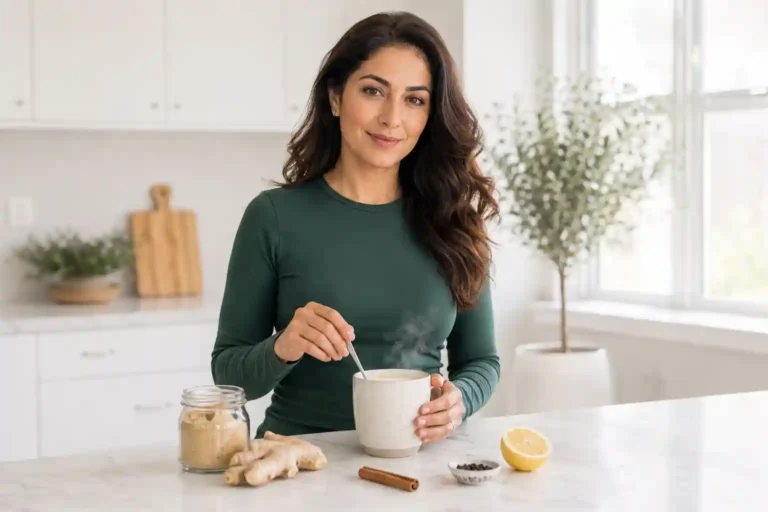 confident Middle Eastern woman in emerald green top at kitchen counter stirring ginger powder into warm milk with fresh ginger root and cinnamon representing ginger for blood sugar control and diabetes management