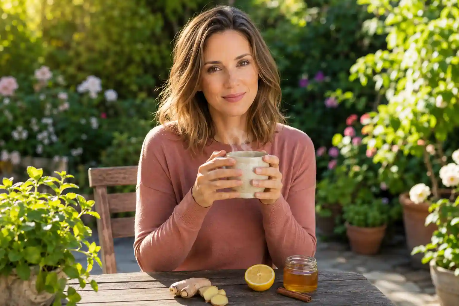 calm white woman in dusty rose top sitting at garden table holding steaming ginger tea mug with fresh ginger slices and lemon representing ginger for nausea and vomiting relief