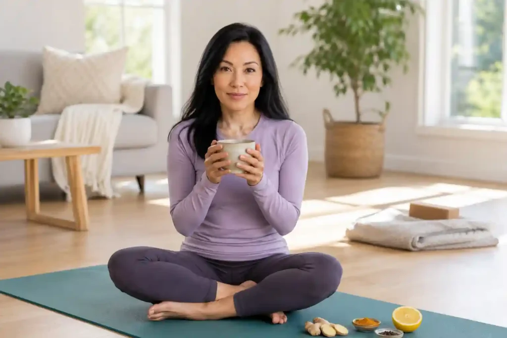 calm Asian American woman in lavender top sitting cross-legged on yoga mat holding steaming ginger turmeric tea with fresh ginger root representing ginger for inflammation and joint pain relief