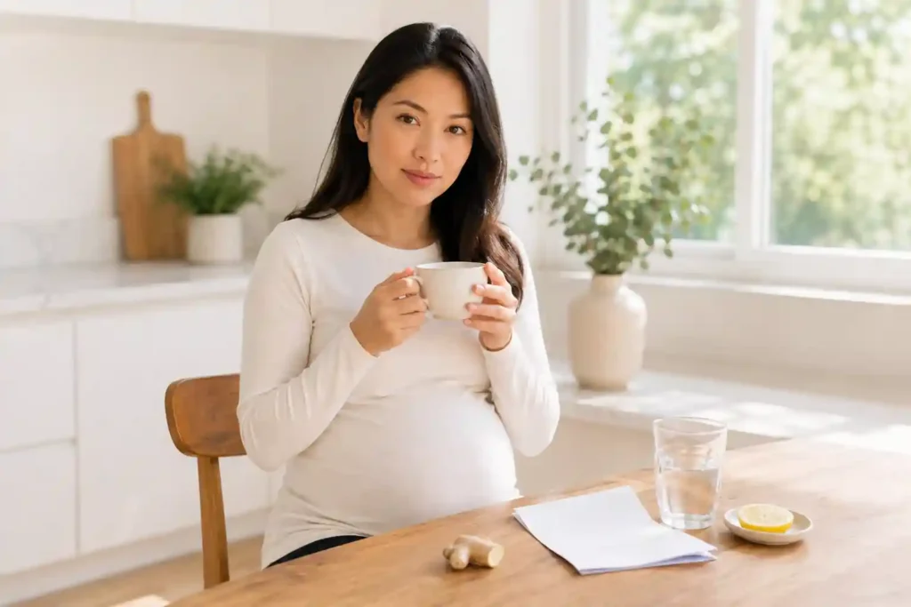 calm pregnant Chinese American woman in cream maternity top at kitchen table holding pale weak ginger tea with doctor's note representing ginger side effects and safety warnings during pregnancy