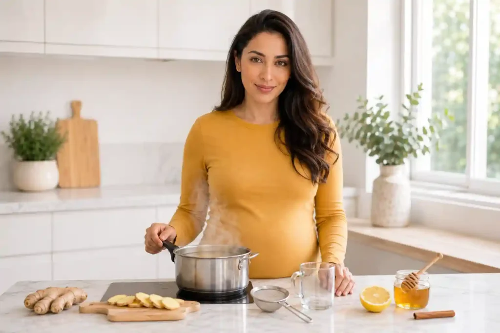 confident Middle Eastern woman in mustard yellow top at kitchen counter with fresh ginger root sliced ginger strainer lemon honey and simmering pot representing how to make ginger tea at home step by step