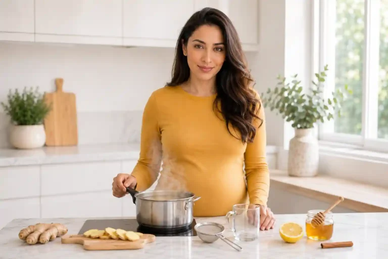 confident Middle Eastern woman in mustard yellow top at kitchen counter with fresh ginger root sliced ginger strainer lemon honey and simmering pot representing how to make ginger tea at home step by step