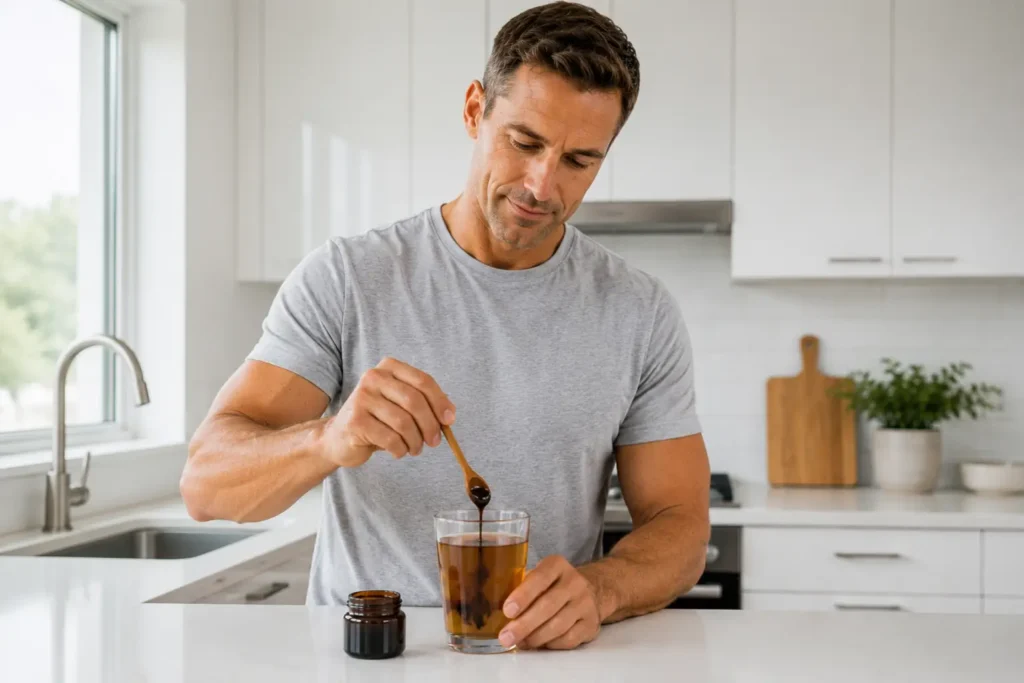 man dissolving shilajit resin in warm water showing the correct way how to take shilajit