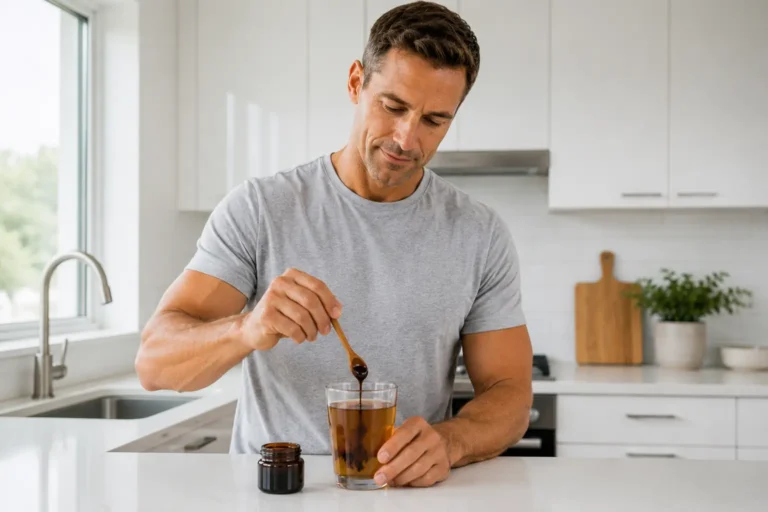 man dissolving shilajit resin in warm water showing the correct way how to take shilajit