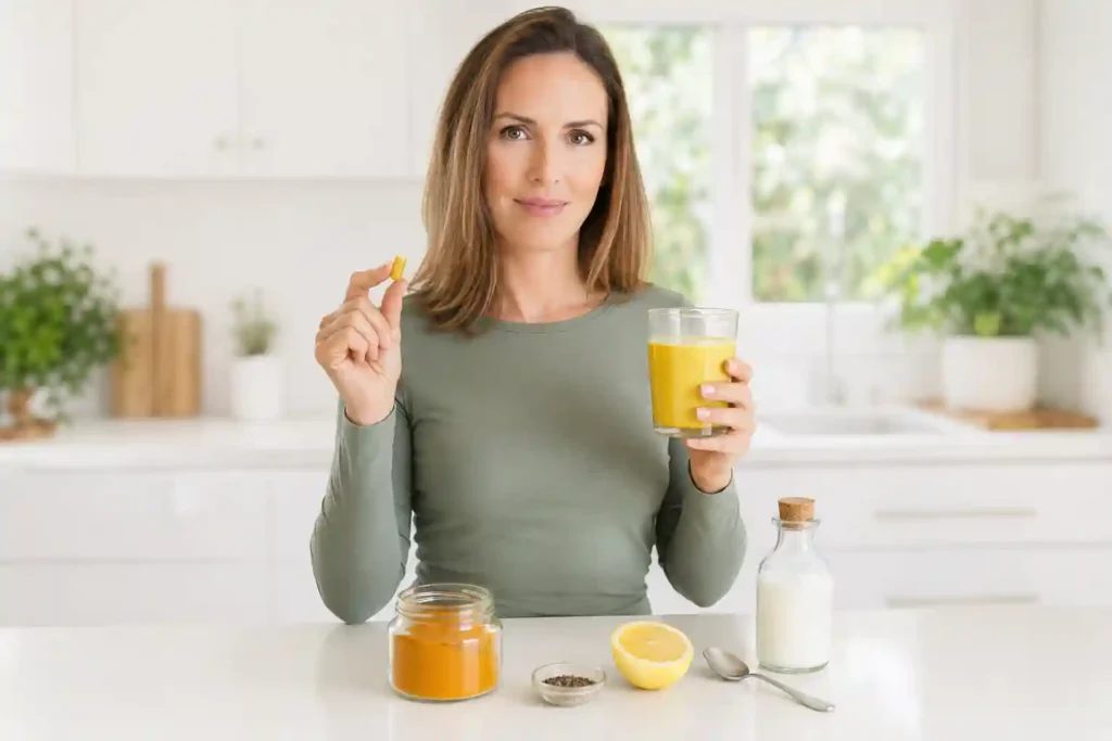 confident white woman in sage green top at kitchen counter holding curcumin supplement capsule and glass of golden turmeric milk representing how to take turmeric for best absorption and results