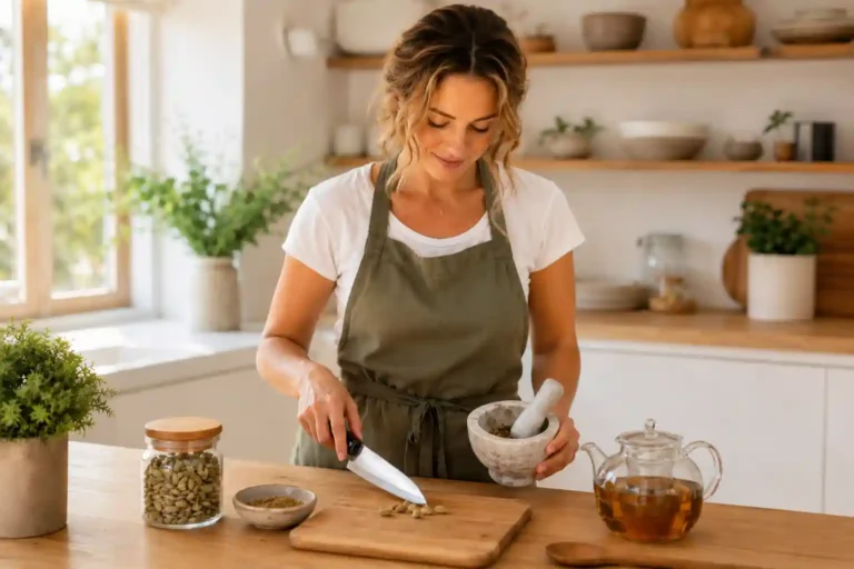 blonde woman in kitchen apron using mortar and pestle to crush green cardamom pods showing how to use cardamom pods and powder