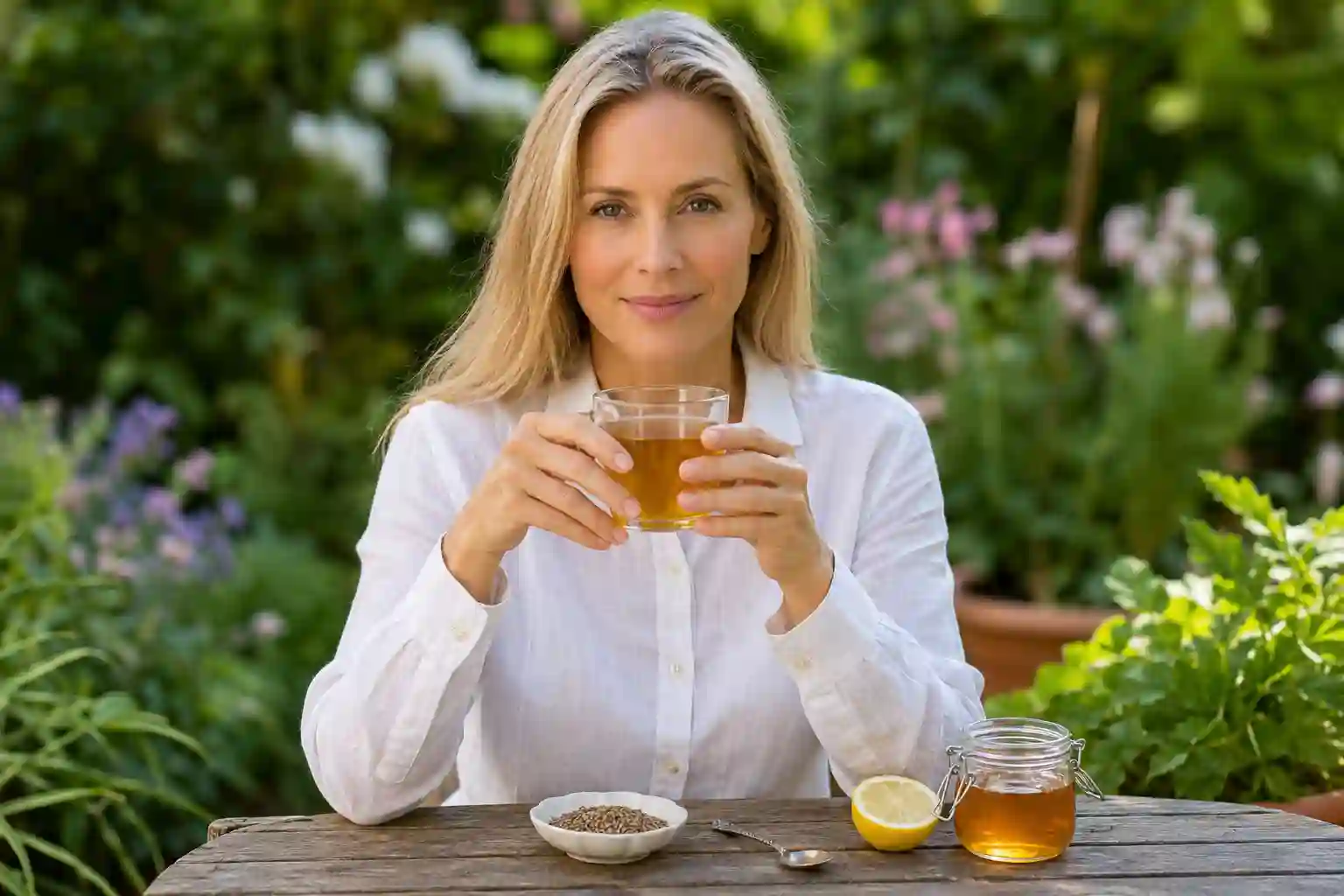 elegant blonde white woman sitting at garden table holding glass of golden carom seed water representing how to use carom seeds daily for health benefits