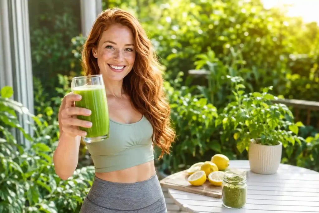vibrant white woman holding bright green moringa lemon water in sunny garden showing how to use moringa daily